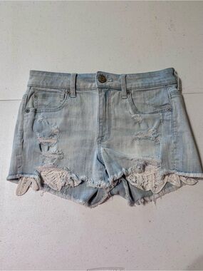 American Eagle Light Blue Distressed Denim Shorts with Lace Inset. Size 4